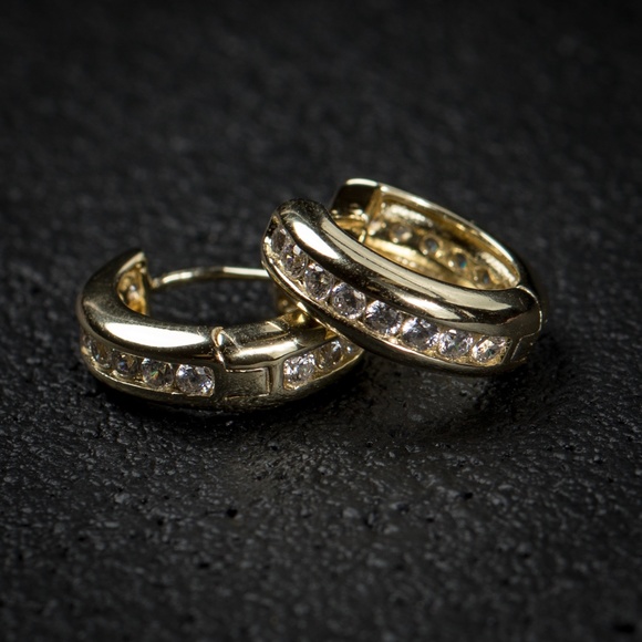 Men's Small Gold One Row Iced Cz Hoop Earrings - Picture 2 of 4